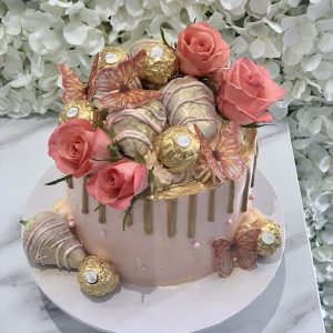 Butterfly Pink Rose Gold Drip Cake